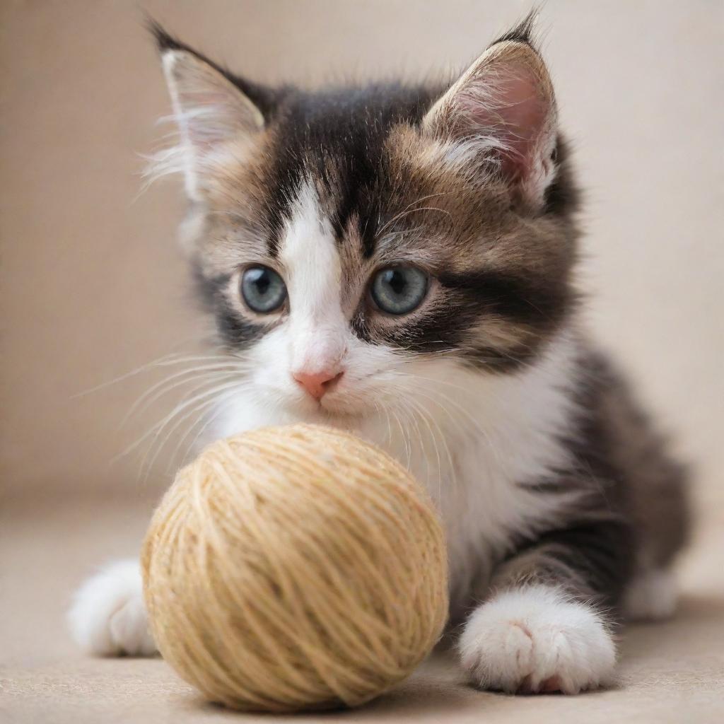 An adorable, fuzzy kitten with bright eyes and soft, dappled fur playing with a ball of yarn.