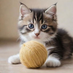 An adorable, fuzzy kitten with bright eyes and soft, dappled fur playing with a ball of yarn.