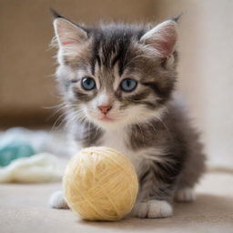 An adorable, fuzzy kitten with bright eyes and soft, dappled fur playing with a ball of yarn.