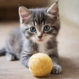 An adorable, fuzzy kitten with bright eyes and soft, dappled fur playing with a ball of yarn.