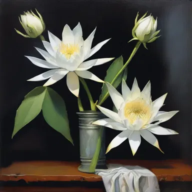 The artist beautifully depicted the delicate petals of the night-blooming cereus in her still life painting.