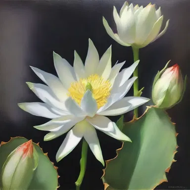 The artist beautifully depicted the delicate petals of the night-blooming cereus in her still life painting.