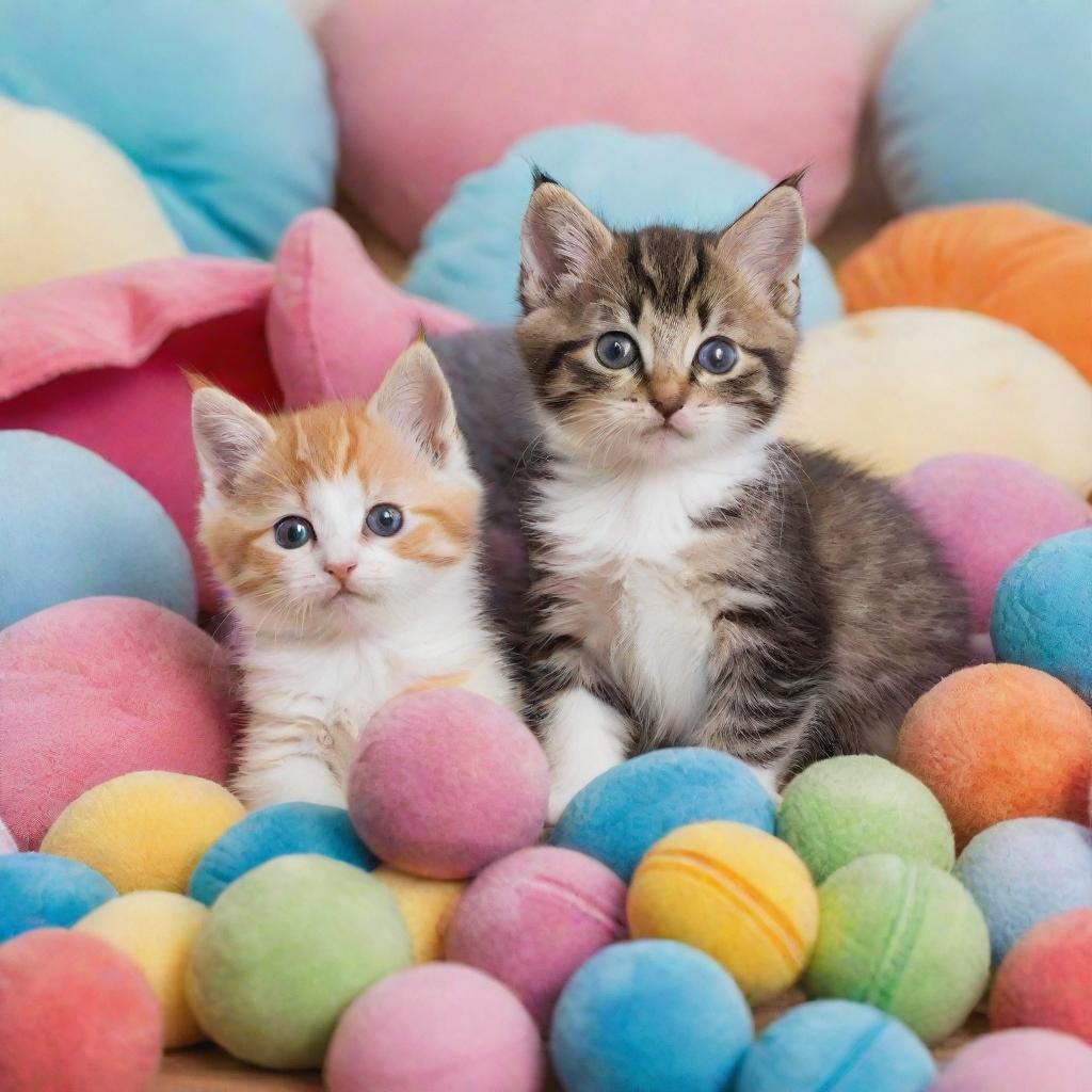 Several adorable kittens of various breeds, frolicking together amidst colorful toys and soft pillows.