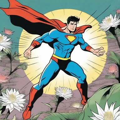 In a fantastical comic strip, a superhero gains his powers after being bitten by a night-blooming cereus.