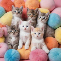 Several adorable kittens of various breeds, frolicking together amidst colorful toys and soft pillows.