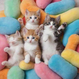 Several adorable kittens of various breeds, frolicking together amidst colorful toys and soft pillows.