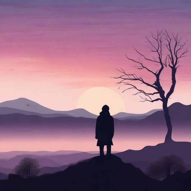 A digital art piece depicting a melancholic scene of a lone individual standing in a vast, empty landscape