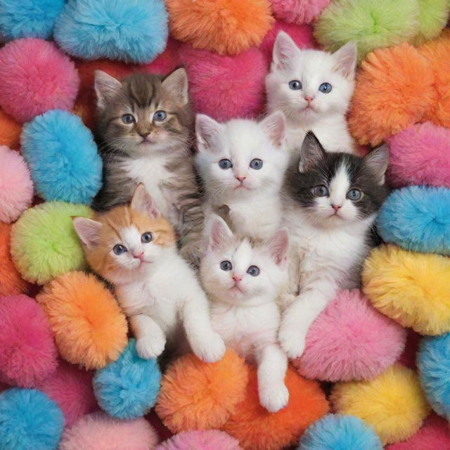 Several adorable kittens of various breeds, frolicking together amidst colorful toys and soft pillows.