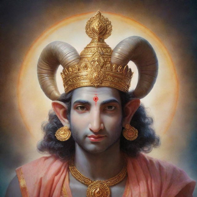 An ethereal image of deity Ram, bathed in divine glow, his gentle eyes filled with blessings. The background resonates with holy energy. 'Jay Shree Ram' is written luminously beneath.