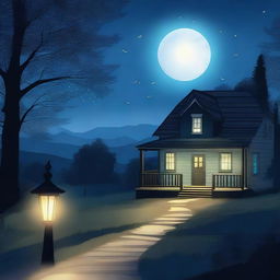 This high-quality digital art image illustrates a serene night scene