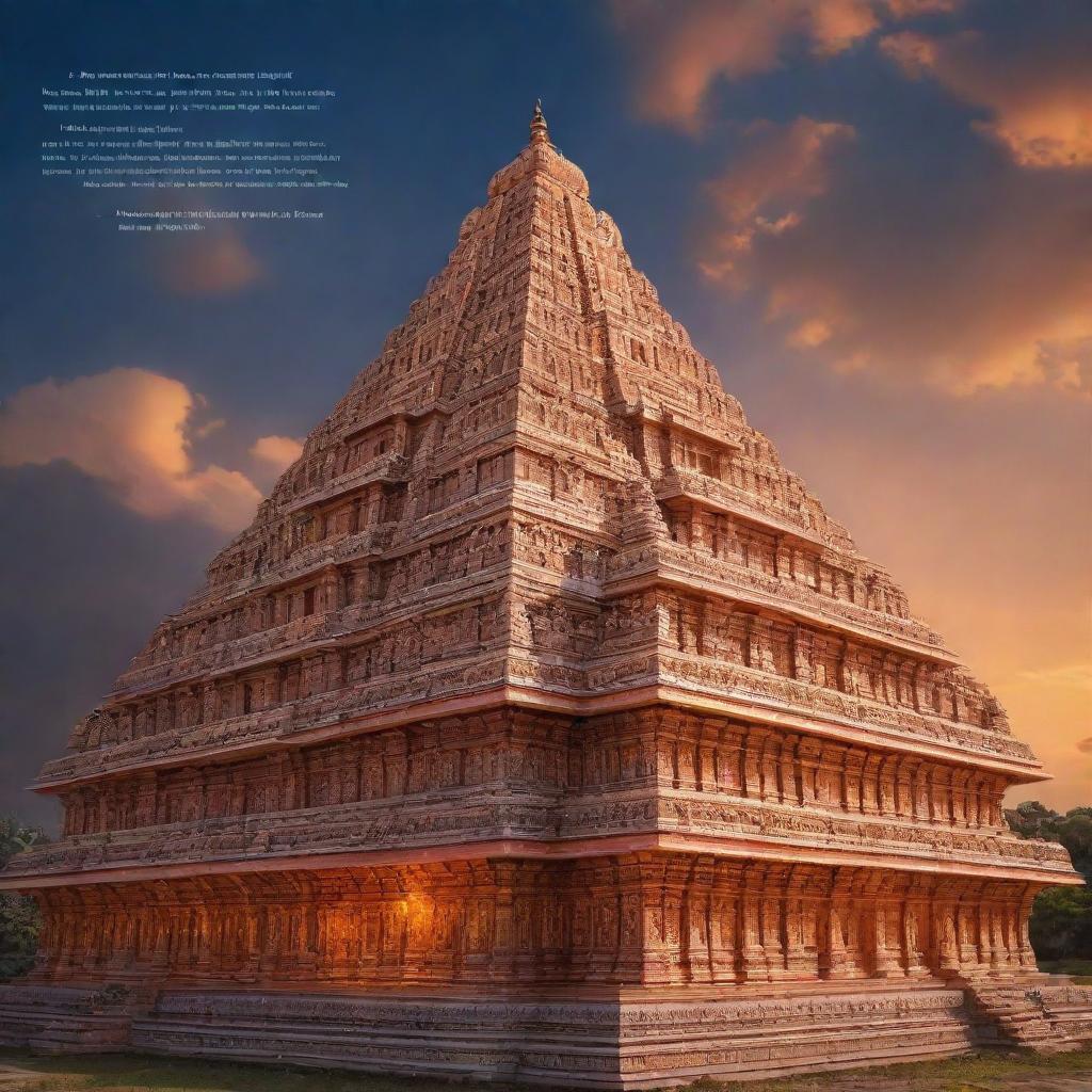 A grand and majestic Ram Mandir (temple) against a peaceful sky, intricately detailed and beautifully lit, with a tasteful, inspiring quote artfully integrated into the image