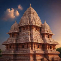 A grand and majestic Ram Mandir (temple) against a peaceful sky, intricately detailed and beautifully lit, with a tasteful, inspiring quote artfully integrated into the image