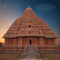 A grand and majestic Ram Mandir (temple) against a peaceful sky, intricately detailed and beautifully lit, with a tasteful, inspiring quote artfully integrated into the image