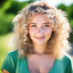 This is a flawless, high-resolution casual photograph featuring a gorgeous blonde girl with vibrant green eyes and curly hair