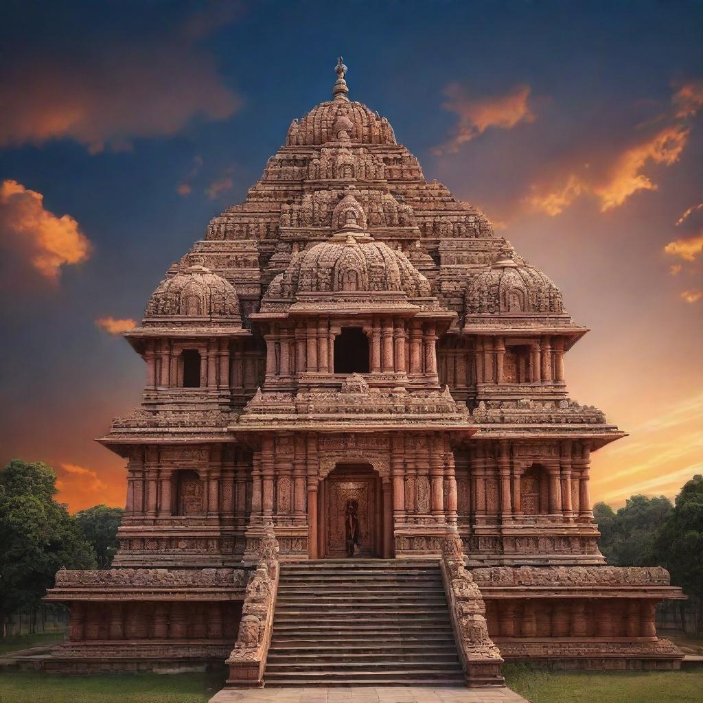 A grand and majestic Ram Mandir (temple) against a peaceful sky, intricately detailed and beautifully lit, with a tasteful, inspiring quote artfully integrated into the image