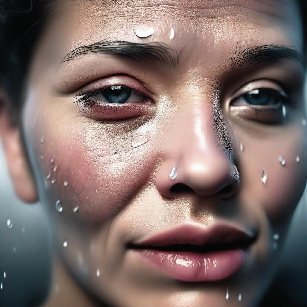 A high-quality digital art piece that depicts a close-up of a face with tears streaming down