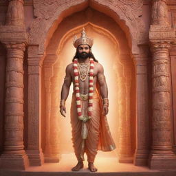 Illustration of Shree Ram standing majestically inside of the detailed, richly adorned Ram Mandir, bathed in the soft glow of ethereal divine light.