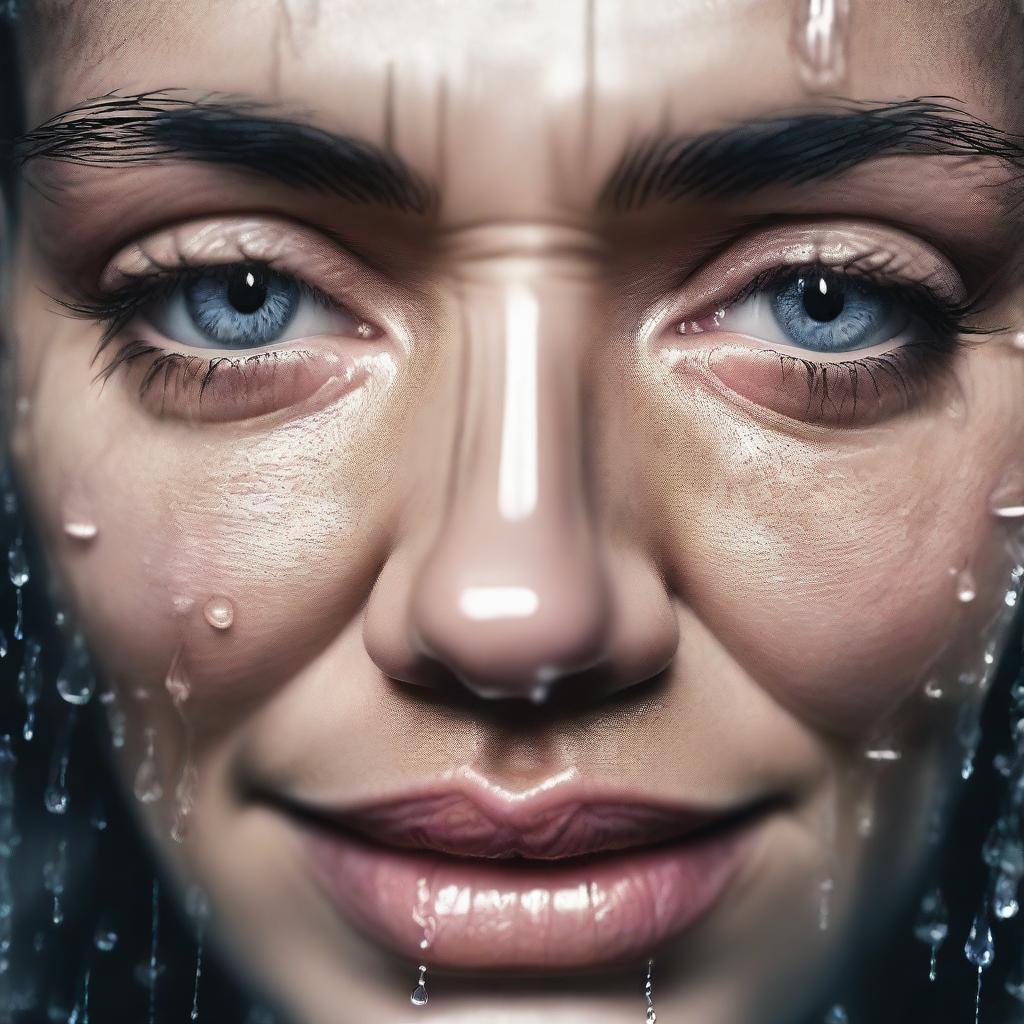 A high-quality digital art piece that depicts a close-up of a face with tears streaming down