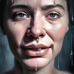 A high-quality digital art piece that depicts a close-up of a face with tears streaming down