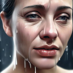 A high-quality digital art piece that depicts a close-up of a face with tears streaming down