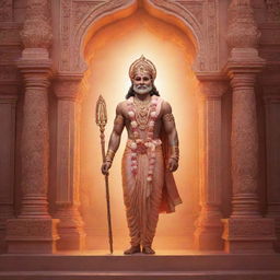 Illustration of Shree Ram standing majestically inside of the detailed, richly adorned Ram Mandir, bathed in the soft glow of ethereal divine light.