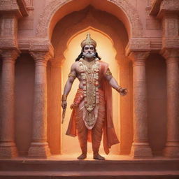 Illustration of Shree Ram standing majestically inside of the detailed, richly adorned Ram Mandir, bathed in the soft glow of ethereal divine light.