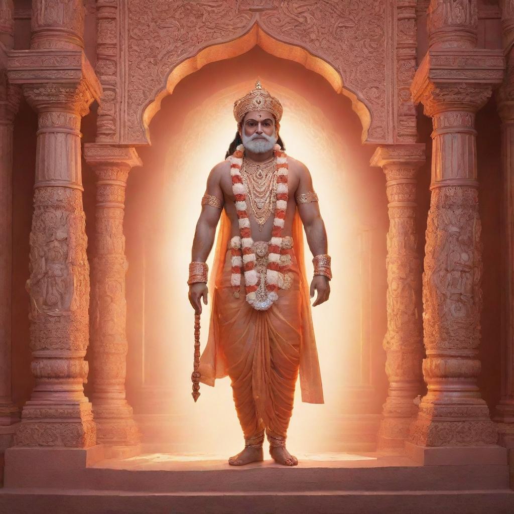 Illustration of Shree Ram standing majestically inside of the detailed, richly adorned Ram Mandir, bathed in the soft glow of ethereal divine light.