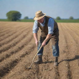 A humble farmer hard at work in a sun kissed field, adorned in rustic clothes, manually tilling the soil with a hoe. Backdrop filled with mature golden wheat stretching out to the horizon under a clear sky.