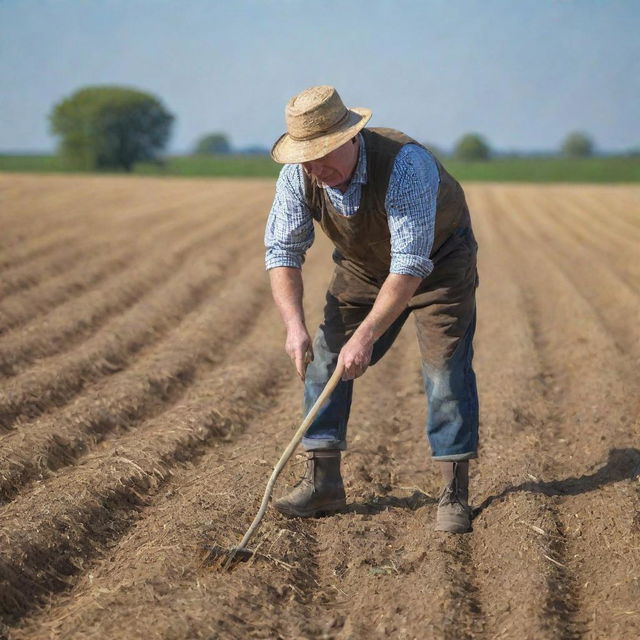 A humble farmer hard at work in a sun kissed field, adorned in rustic clothes, manually tilling the soil with a hoe. Backdrop filled with mature golden wheat stretching out to the horizon under a clear sky.