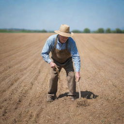 A humble farmer hard at work in a sun kissed field, adorned in rustic clothes, manually tilling the soil with a hoe. Backdrop filled with mature golden wheat stretching out to the horizon under a clear sky.