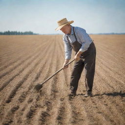 A humble farmer hard at work in a sun kissed field, adorned in rustic clothes, manually tilling the soil with a hoe. Backdrop filled with mature golden wheat stretching out to the horizon under a clear sky.