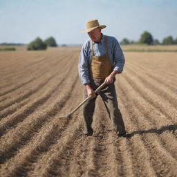 A humble farmer hard at work in a sun kissed field, adorned in rustic clothes, manually tilling the soil with a hoe. Backdrop filled with mature golden wheat stretching out to the horizon under a clear sky.