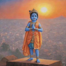 A five-year-old depiction of Lord Krishna, dressed in traditional attire, facing towards an ancient, holy depiction of the city Ayodhya during sunset.