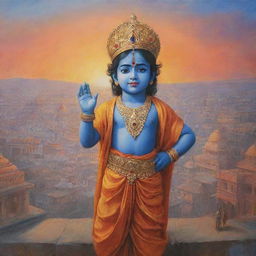 A five-year-old depiction of Lord Krishna, dressed in traditional attire, facing towards an ancient, holy depiction of the city Ayodhya during sunset.