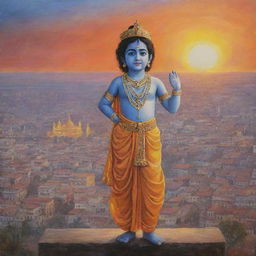 A five-year-old depiction of Lord Krishna, dressed in traditional attire, facing towards an ancient, holy depiction of the city Ayodhya during sunset.