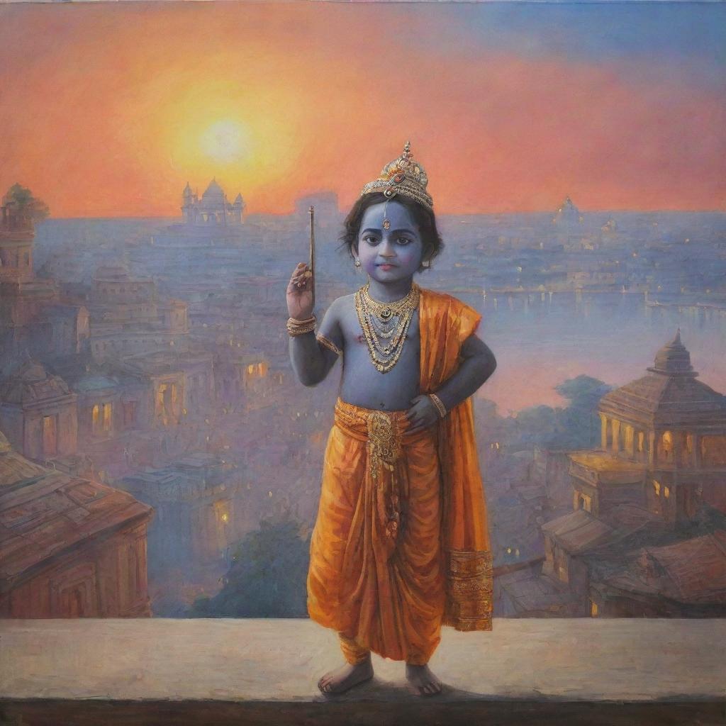 A five-year-old depiction of Lord Krishna, dressed in traditional attire, facing towards an ancient, holy depiction of the city Ayodhya during sunset.