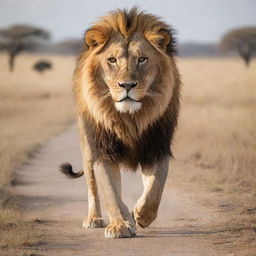 A majestic lion striding confidently towards the viewer against a backdrop of the African savannah.