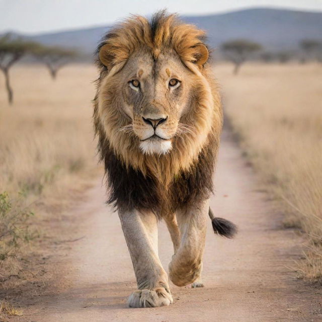 A majestic lion striding confidently towards the viewer against a backdrop of the African savannah.