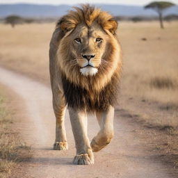 A majestic lion striding confidently towards the viewer against a backdrop of the African savannah.