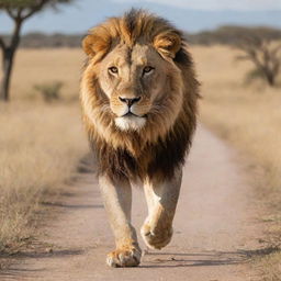 A majestic lion striding confidently towards the viewer against a backdrop of the African savannah.