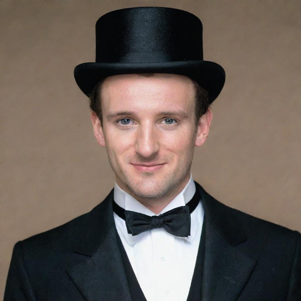 A man in his late twenties with dark-gray eyes and short brown hair. He's clad in a black tailcoat and a silk top hat, sporting a high nose bridge and a subtle, non-obvious smile.