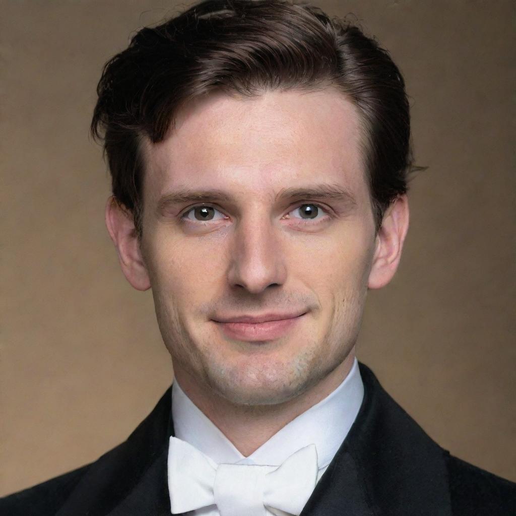 A man in his late twenties with dark-gray eyes and short brown hair. He's clad in a black tailcoat and a silk top hat, sporting a high nose bridge and a subtle, non-obvious smile.