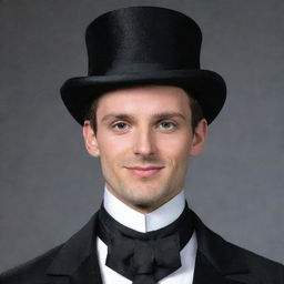 A man in his late twenties with dark-gray eyes and short brown hair. He's clad in a black tailcoat and a silk top hat, sporting a high nose bridge and a subtle, non-obvious smile.