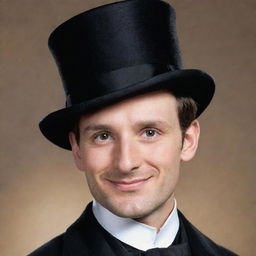 A man in his late twenties with dark-gray eyes and short brown hair. He's clad in a black tailcoat and a silk top hat, sporting a high nose bridge and a subtle, non-obvious smile.