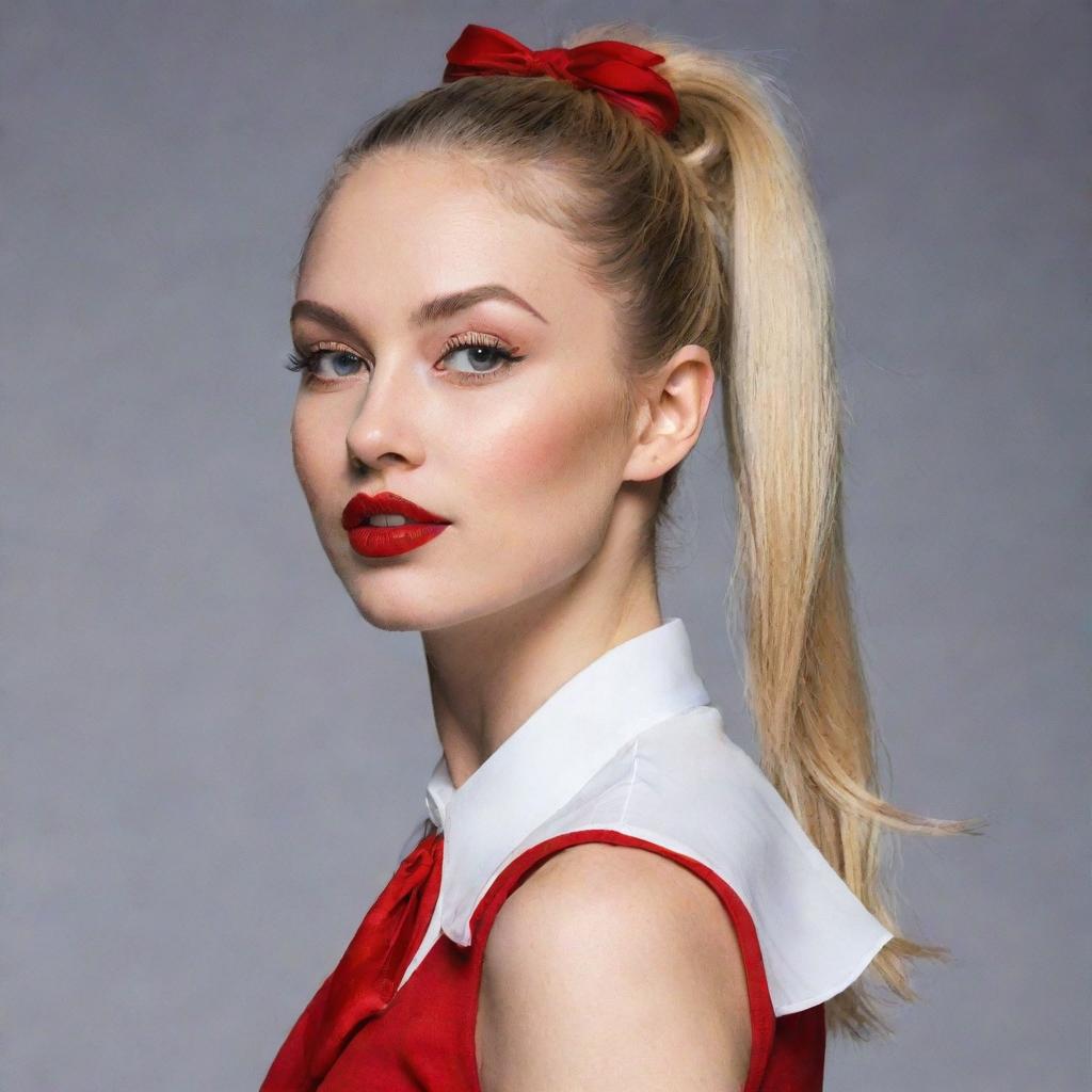 A person with a graceful neck, delicate red lips, refined nose, arched eyebrows, and vibrant, cheerful eyes. Their flaxen hair is tied up stylishly in a high ponytail, and they're wearing vibrant red boots.