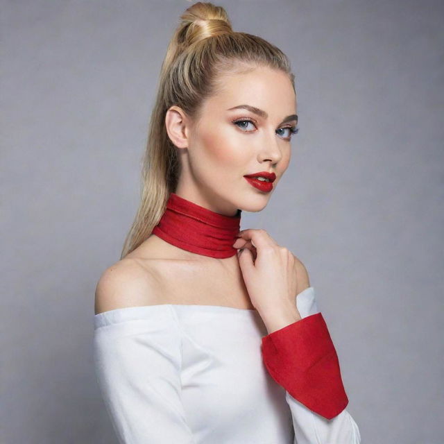 A person with a graceful neck, delicate red lips, refined nose, arched eyebrows, and vibrant, cheerful eyes. Their flaxen hair is tied up stylishly in a high ponytail, and they're wearing vibrant red boots.