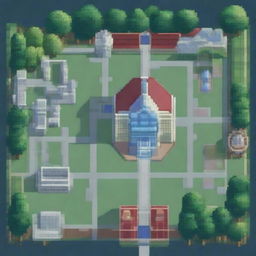 A high-resolution image of an academy depicted in pixel art style, viewed from a top-down perspective