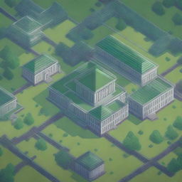 A high-resolution image of an academy depicted in pixel art style, viewed from a top-down perspective