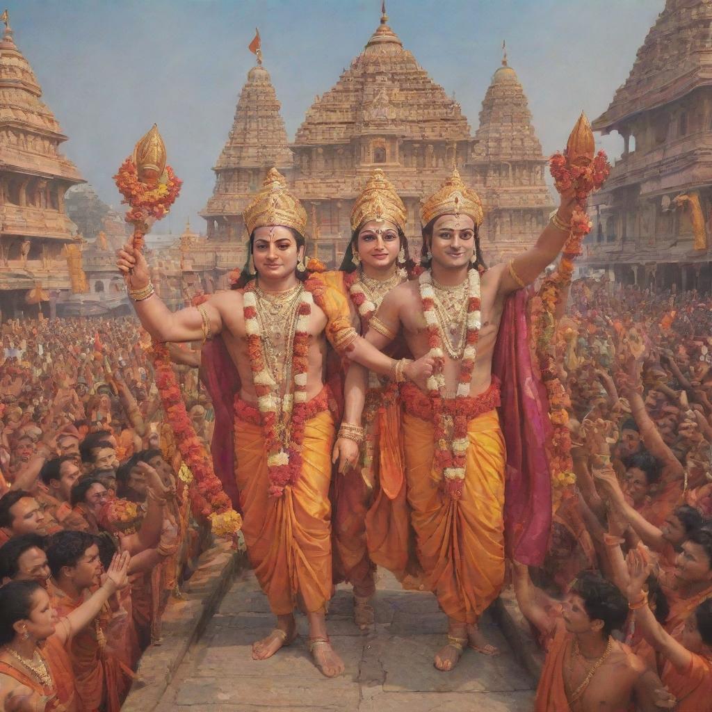 Lord Ram, accompanied by Sita, Lakshman and Hanuman, making a triumphant return to the lively kingdom of Ayodhya adorned with vibrant decorations and jubilant crowd celebrates their return.