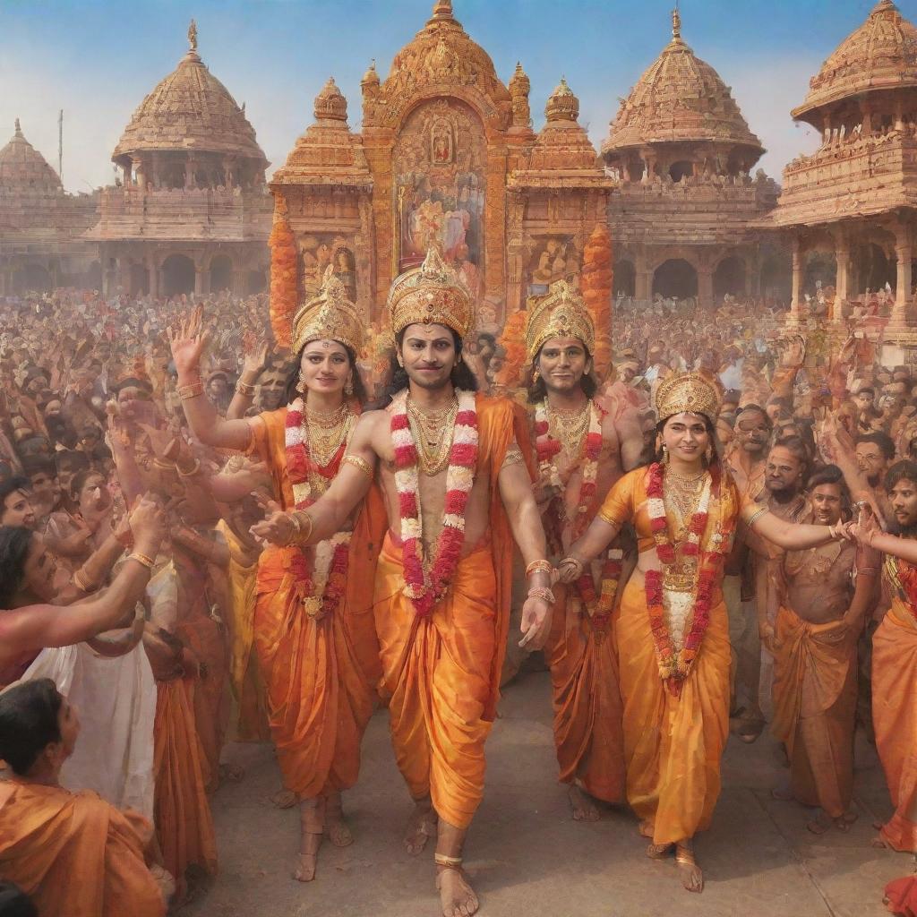 Lord Ram, accompanied by Sita, Lakshman and Hanuman, making a triumphant return to the lively kingdom of Ayodhya adorned with vibrant decorations and jubilant crowd celebrates their return.